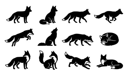 Black Cat Silhouette Collection with Different Standing Sitting Walking and Sleeping Poses Vector Set © Sukumary