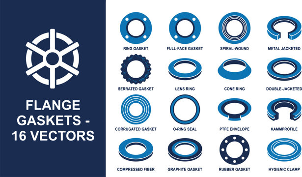 Industrial flange gasket vector icons set including spiral wound, ring, metal jacketed, and rubber sealing elements for piping systems.