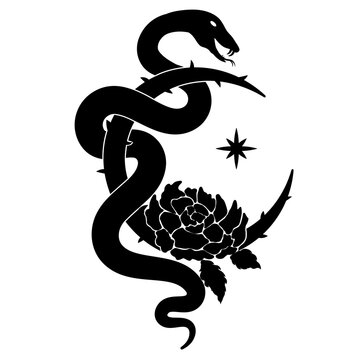 Snake Flower Crescent Gothic Tattoo Design