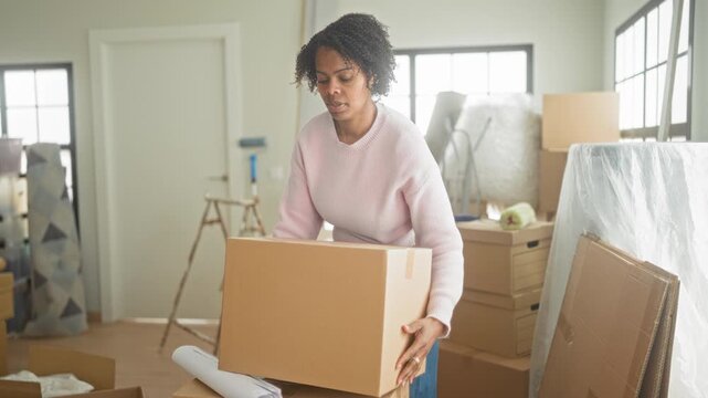 Woman carries and steadies a large cardboard moving box with hand on top among stacked boxes and packing material inside building; anticipation.