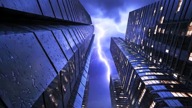 Stormy night between skyscrapers lightning splits sky, rain slick glass reflecting city lights as thunderbolt illuminates towering facades, cinematic blue tones, wet surfaces, moody