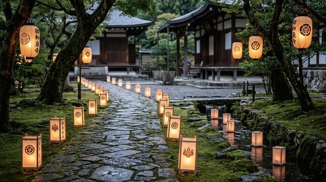 Traditional Japanese Lantern Path During Obon Festival