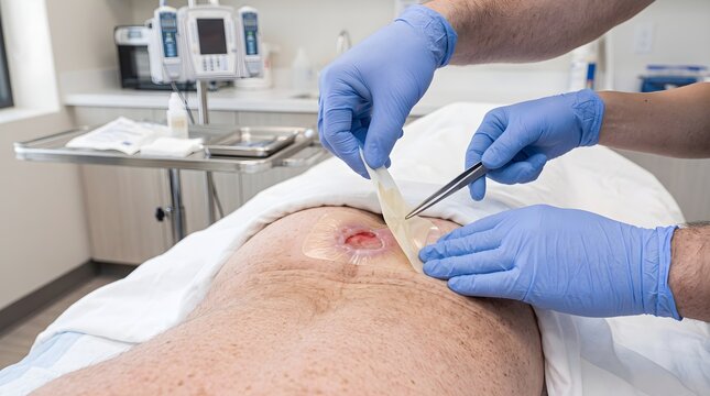 Healthcare Team Applying Hydrocolloid Dressing to Stage Two Pressure Ulcer on Patient Lower Back