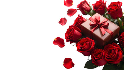Fototapeta premium Luxury Gift Box With Red Roses PNG Isolated On Transparent Background, Romantic Floral Present For Valentine's Day, Anniversary Celebration And Commercial Graphic Design