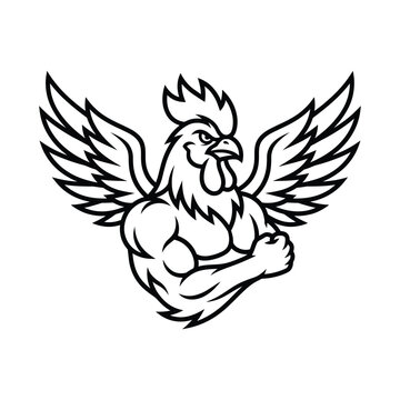 Strong rooster mascot with wings spread and muscular body vector illustration muscular aggressive