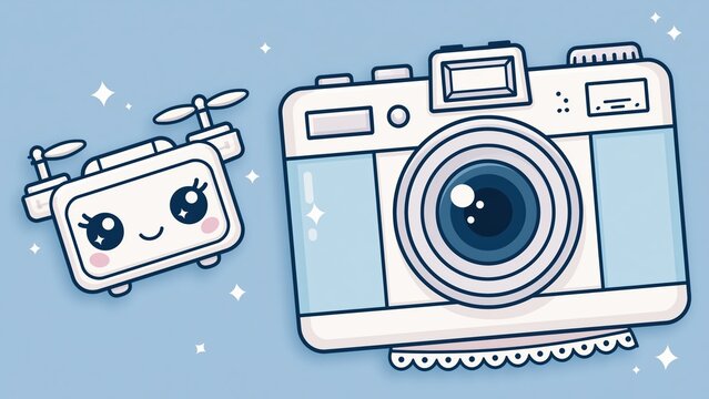White flying drone beside vintage camera.