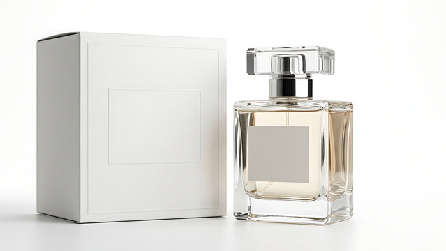 Luxury glass perfume bottle with blank white packaging box