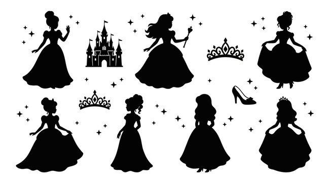 Princess Silhouette Set with Fairy Tale Castle Tiara and Glass Slipper