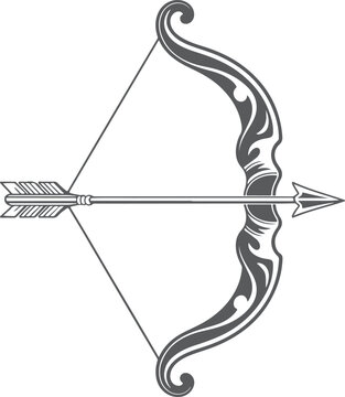 Ornate vintage style longbow and arrow illustration in woodcut engraving style for archery sports hunting historical themes and medieval concepts art.