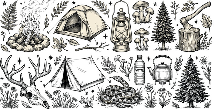 Vector illustration set of vintage hand drawn camping elements including tents bonfire lantern pine trees deer skull and snake isolated on white background