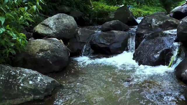 A steady stream moves across scattered stones, its soft trickling sound creating a calm ASMR ambience well-suited for helping with insomnia and restless nights.