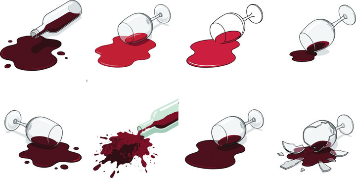 Vector illustration set of spilled red wine from overturned glasses and bottles including a broken wineglass with shards isolated on white background