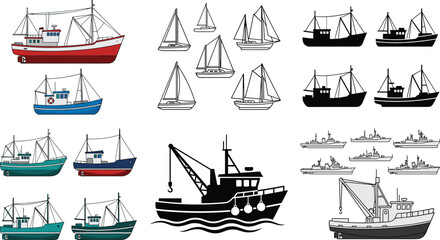Vector illustration set of various ships and boats including fishing trawlers sailboats and military vessels with silhouettes isolated on white background © Shirin