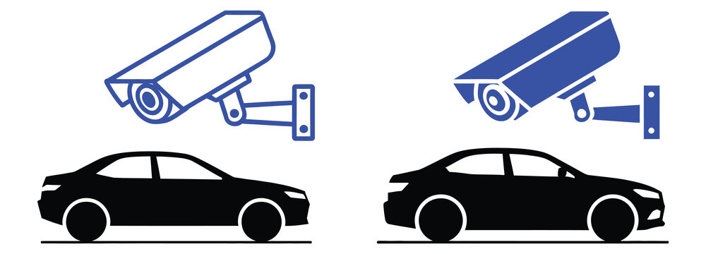Parking Lot Vector Icon Featuring License Plate Recognition, CCTV Surveillance, and Black Outline Filled Design