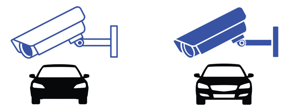 Parking Lot Vector Icon with CCTV Camera, License Plate Recognition System, and Outline Filled Security Style
