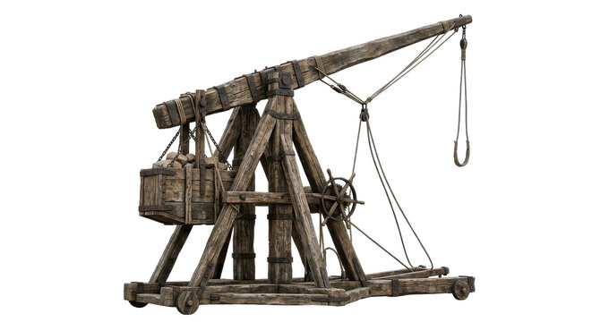 Ancient wooden trebuchet siege weapon, a medieval war machine with a counterweight, isolated on a white background, showcasing historical engineering and warfare.