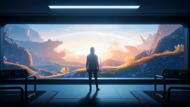 silhouette explorer on observation deck overlooking vibrant alien sunrise, panoramic window frames luminescent flora and jagged canyons, soft blue interior lighting, contemplative mood,