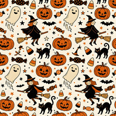 Fototapeta premium Classic Halloween Icons Seamless Pattern
