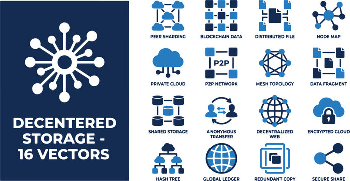 Essential vector icons exploring decentralized network architecture, distributed ledger technology, secure peer-to-peer data sharing, and modern cloud computing solutions for digital innovation.