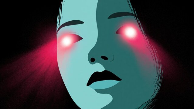 Woman face with bright glowing red eyes.