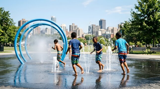 Active children running through water jets at urban splash pad public park with city skyline in background