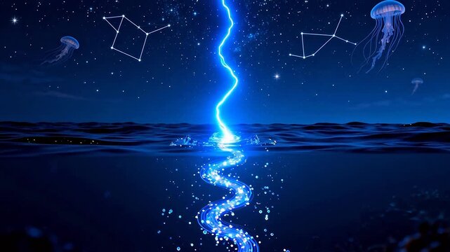 Starry night ocean with jellyfish and lightning