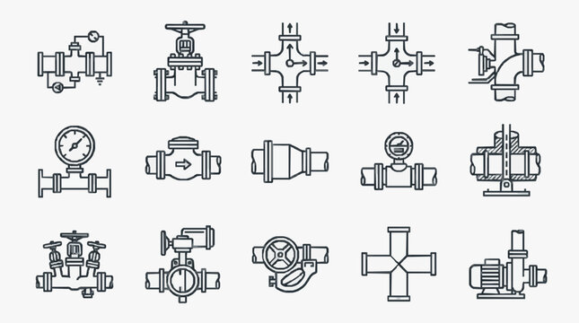 Clean Black and White Line Drawing Collection of Various Types of Industrial Valves and Fittings