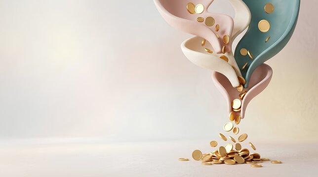 Abstract Minimalist 3D Puffy Clay Downward Funnel and Gold Coin Background with Empty Copy Space