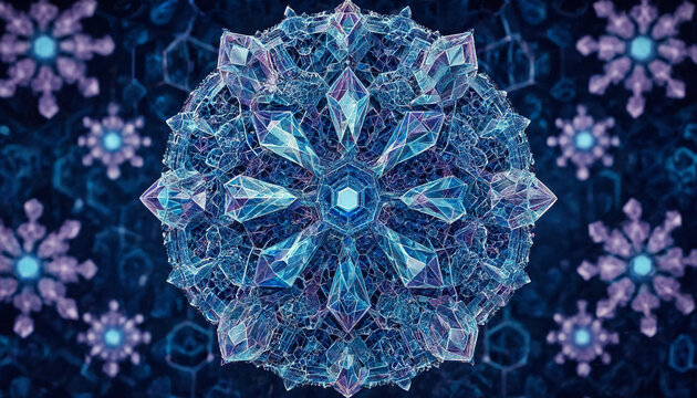 Symmetrical blue crystal mandala pattern with geometric snowflake shapes and glowing light effects on a dark textured background, for winter