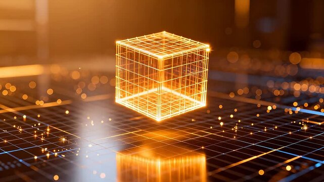 Glowing wireframe cube on grid surface
