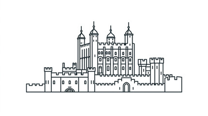 Detailed Line Drawing of Historic Castle Architecture. © Lili