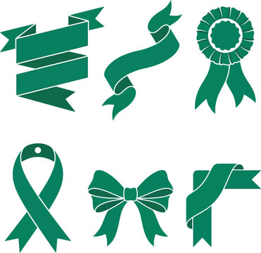 Green ribbon icon set with award, awareness and decorative banner shapes isolated on white