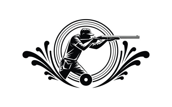 Skeet shooting emblem featuring a black silhouette of a shooter with shotgun clay target and decorative flourishes on white background.