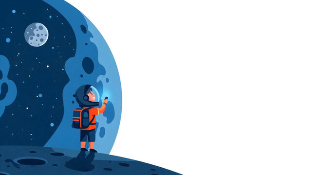 Astronaut child exploring the moon surface holding a glowing device.
