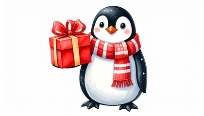 Fototapeta premium Penguin dressed in winter scarf holding Christmas gift