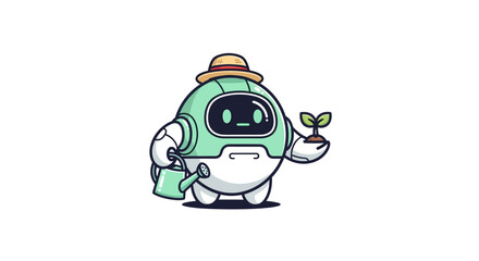 Naklejka premium Cute robot gardener watering a plant with a straw hat