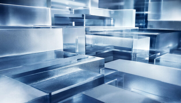 Abstract composition of stacked transparent glass blocks and rectangular prisms creating a geometric structure with soft blue light reflections