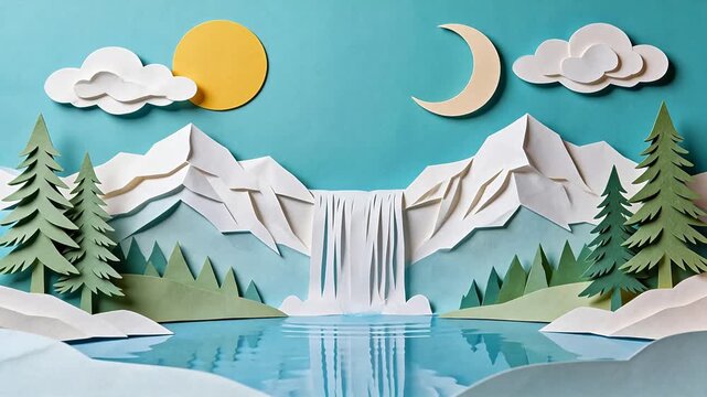 Paper art landscape with waterfall