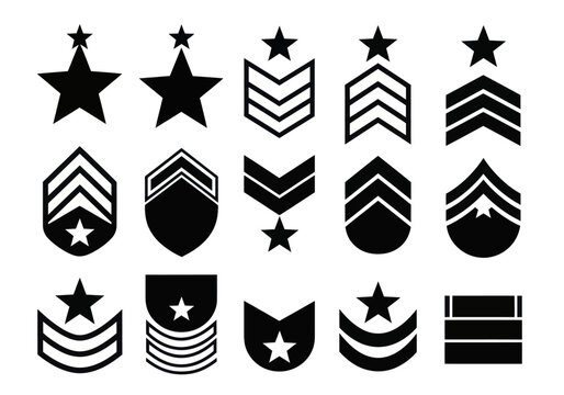 Military Rank Insignia Vector Set - Stars, Chevrons, and Stripes Representing Various Service Levels.
