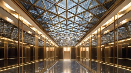 Obraz premium Modern Luxury Hotel Lobby with Golden Accents and Geometric Ceiling.