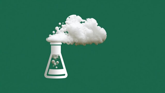 White erlenmeyer flask emitting thick cloud of smoke.