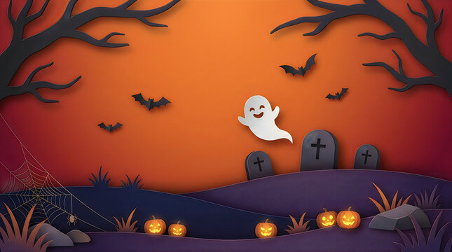Halloween background, spooky graveyard scene, orange sunset, cartoon ghost, bats