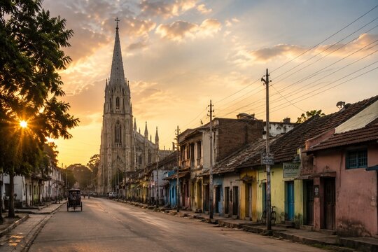 A street with a European church spire and local dwellings, golden hour light.