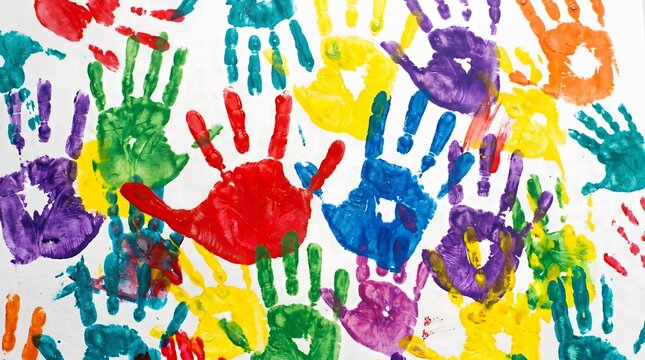Colorful handprints on white paper diverse children's art background