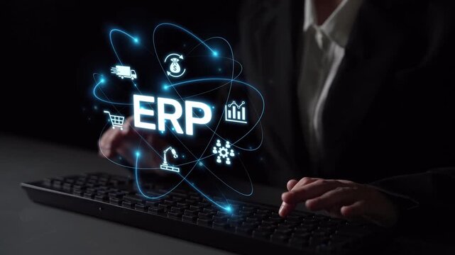 ERP platform visual showing centralized system for enterprise resource planning, improving integration, data flow, business efficiency, finance, inventory, and human resources. Muxer