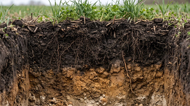 Healthy agricultural soil storing carbon naturally, ideal for regenerative farming, climate adaptation, ESG reporting, and sustainable agriculture.