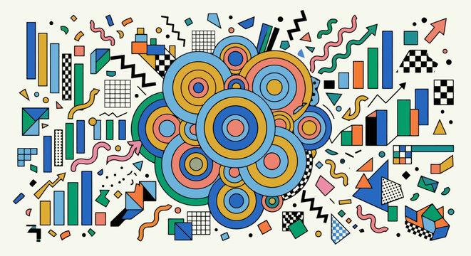 Colorful geometric Memphis pattern with abstract shapes and charts design