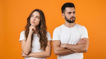 Fototapeta premium Couple in white shirts looking thoughtful on orange background