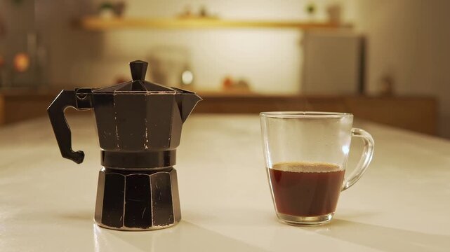 Italian moka pot brewing steaming coffee