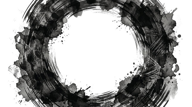 Zen Enso circle in black ink, expressive watercolor brush stroke frame, artistic circular paint splatter border for creative design isolated PNG with Transparent Background